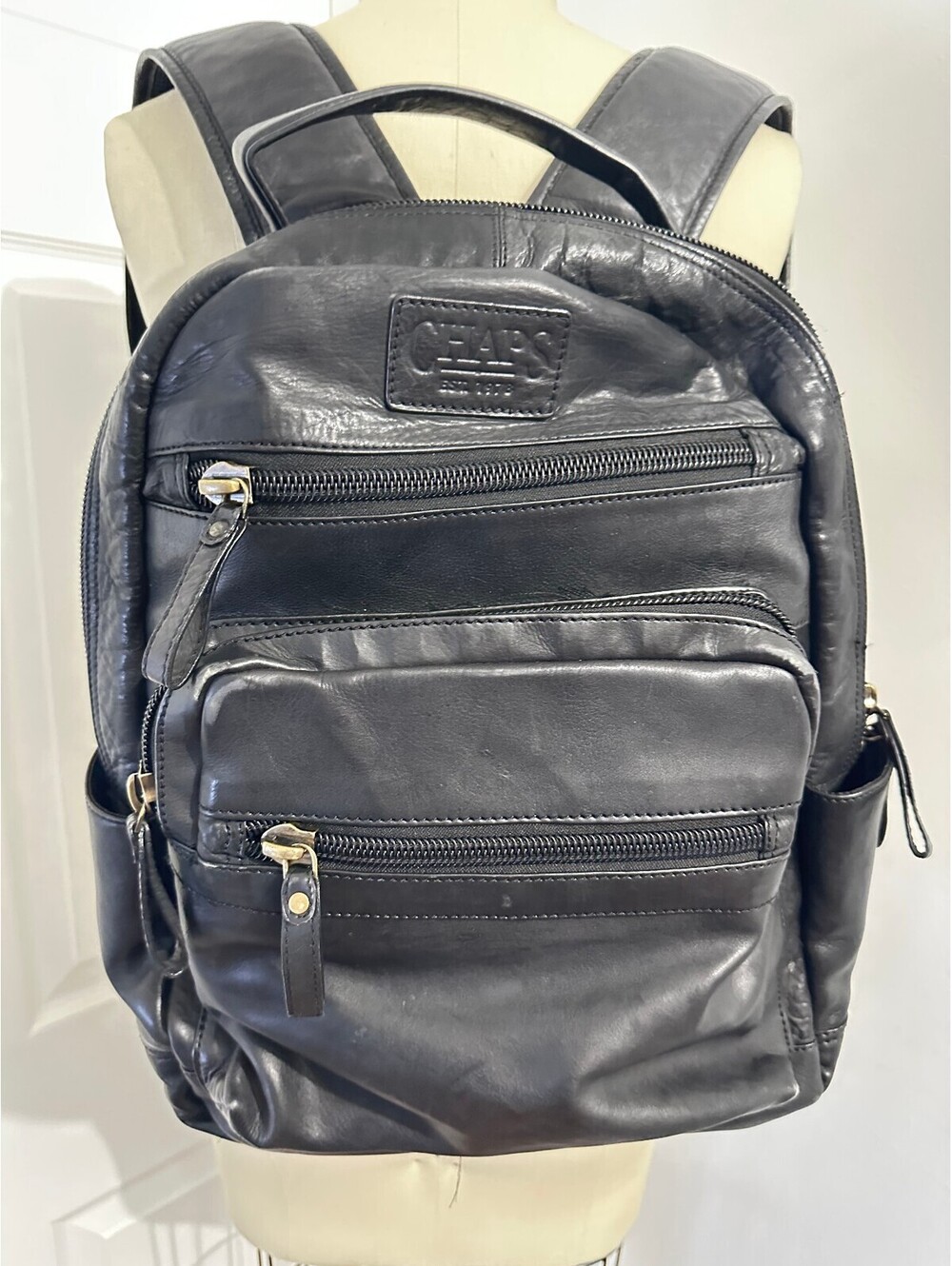 Chaps Black Leather Backpack Men's Inner & Outer Pockets